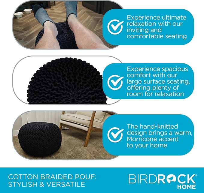 BIRDROCK HOME Round Pouf Ottoman | Cotton Braided Foot Stool - Image 6