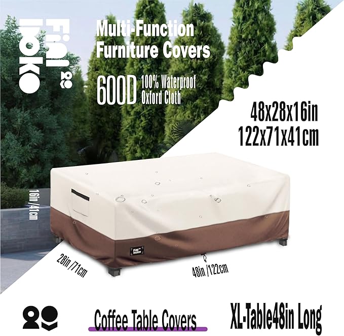 Patio Coffee Table Cover, 100% Waterproof 600D Heavy Duty Outdoor Table Cover - Image 2