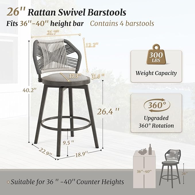 360° Swivel Outdoor Bar Stools Set of 4, Modern Aluminum Wicker Bar Stool - Image 2