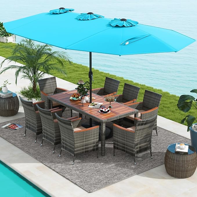 Tangkula 10 Pieces Patio Wicker Dining Set w/Double-Sided Patio Umbrella - Image 8