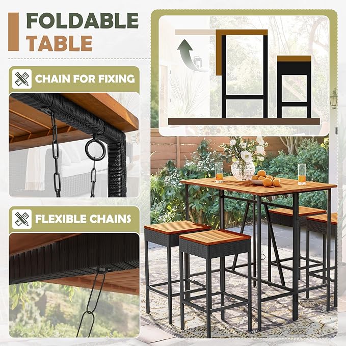 Devoko Patio Bar Set 5 Pieces Acacia Wood Patio High Top Bar Table and Stools - Image 3