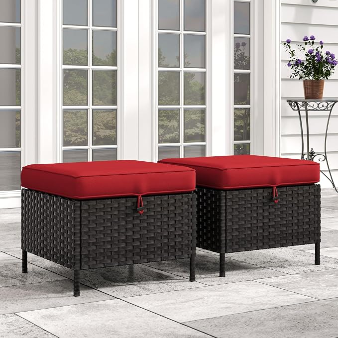 Patio Wicker Ottomans with Removable and Washable Covers, PE Rattan Outdoor by Meetleisure-LeisureLiving