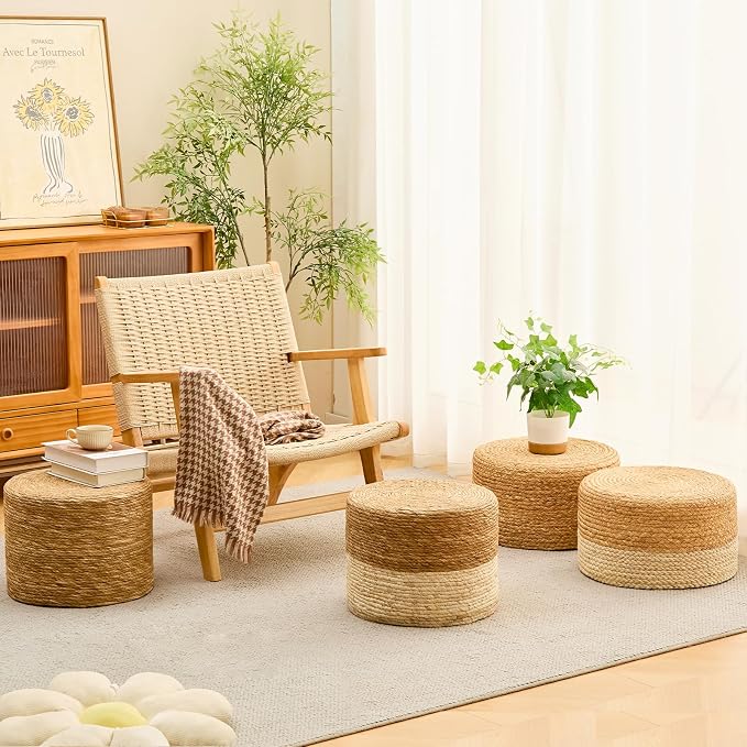 Wimarsbon Round Pouf Ottoman, Natural Hand Knitted Footrest Poof, Rustic Lounge - Image 2