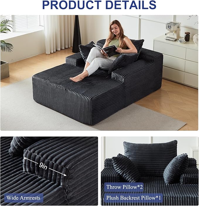 67 Inch Chaise Lounge Chair Indoor, Oversized Upholstered Boneless Sofa Bed - Image 5