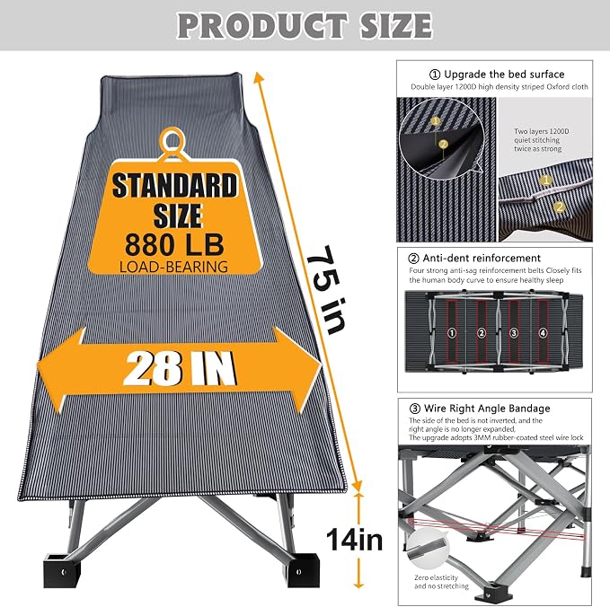 ABORON Camping Cot for Adult 28" Extra Wide, Heavy-Duty 1200D Oxford Cot for - Image 5