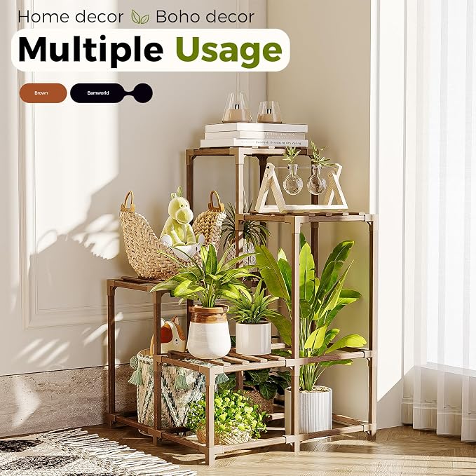 Bamworld Plant Stand Indoor Outdoor Corner Shelf Plant Holder 4-Pot Flower - Image 7
