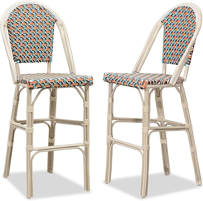 PURPLE LEAF French Bar Stool Set of 2 White Print Finish Patio Bar Stools by PURPLELEAF