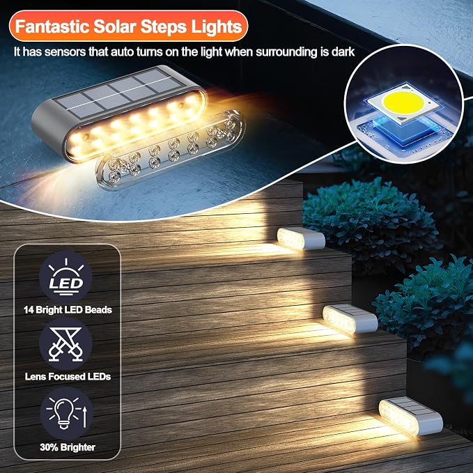 Solar Step Lights for Outside, 14 LED Warm White Light Solar Powered Lighting - Image 2