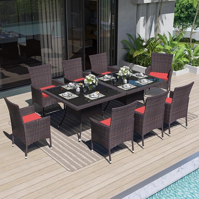 ALAULM 10 Piece Patio Dining Set All-Weather Wicker Outdoor Dining Table and by ALAULM