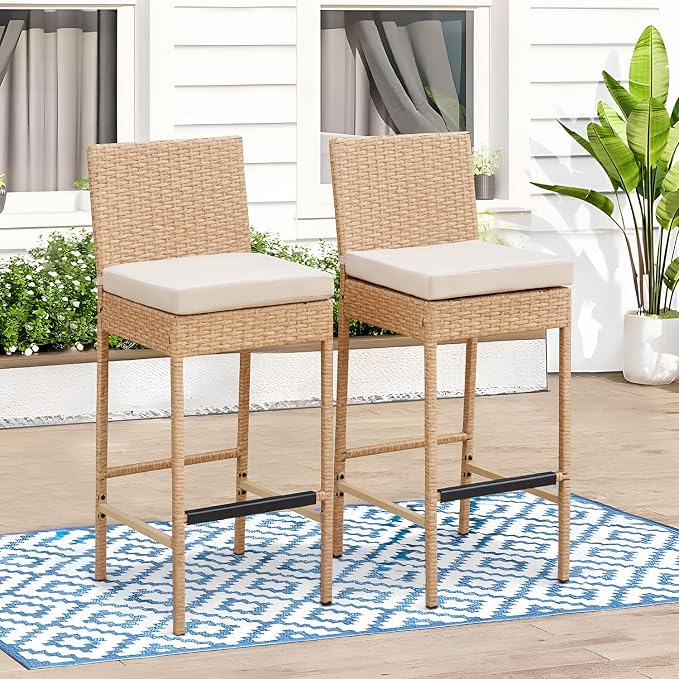 ECOTOUGE Outdoor Bar Stools Set of 2, Wicker Woven Patio Stools & Patio Bar - Image 2