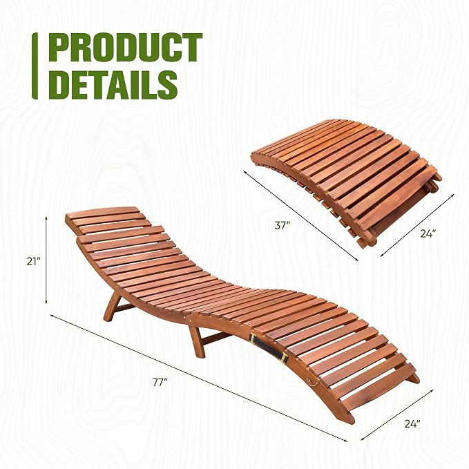 Devoko Patio Chaise Pool Lounge Outdoor Folding Wooden Lounge Chair - Image 3