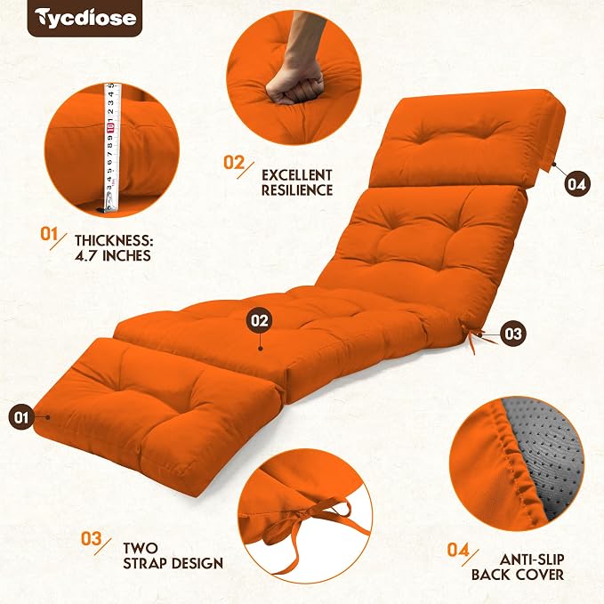 Waterproof Outdoor Chaise Lounge Cushion 74.4 x 22 x 4.7 Inches Memory Foam - Image 5