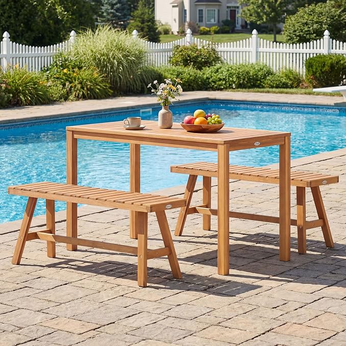 Tangkula 3 Pieces Acacia Wood Patio Dining Set, Outdoor Rectangular Table and - Image 2