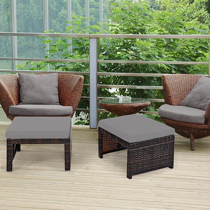 Tangkula 2 Pieces Patio Rattan Ottomans, All Weather Outdoor Footstool Footrest - Image 3
