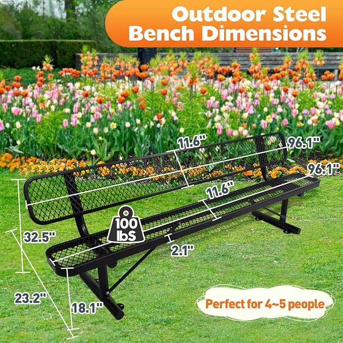 8FT/96INCH Heavy Duty Metal Park Bench - Image 2