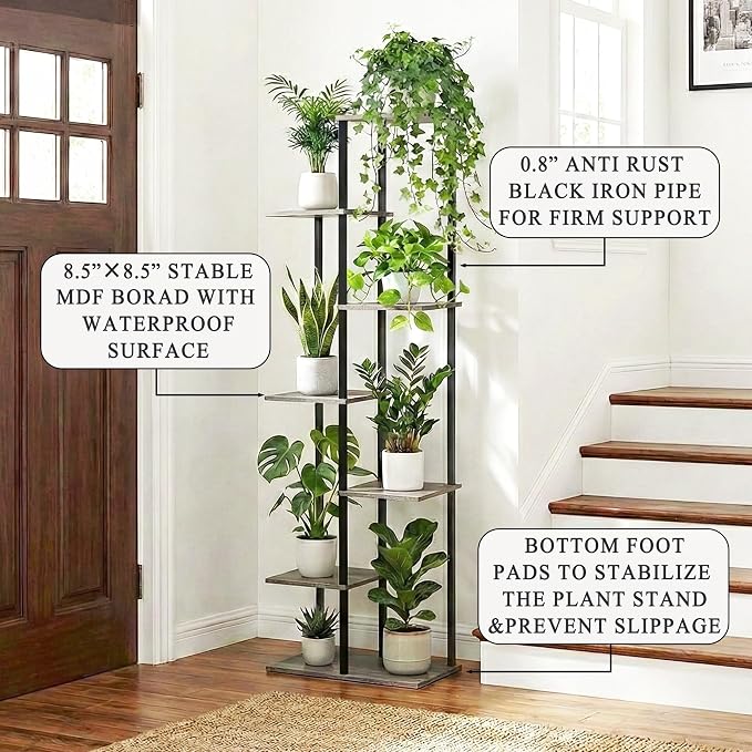 Plant Stand Indoor 7 Tier 8 Potted Metal Wood Plant Shelf, Oak Grey - Image 3