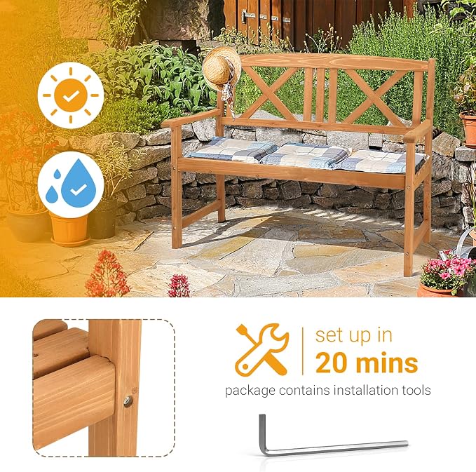 Outvita Wooden Garden Bench, Outdoor Wood Patio Bench, Rustic 2-Person Loveseat - Image 4
