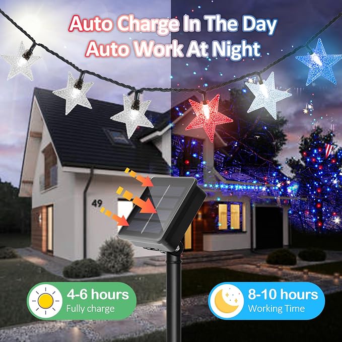 4th of July Twinkle Solar Star String Lights Decorations Outdoor Waterproof - Image 3