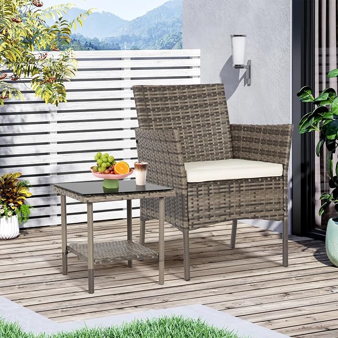 FDW 3 Piece Outdoor Furniture Set Patio Gray Wicker Chairs Furniture Bistro - Image 5
