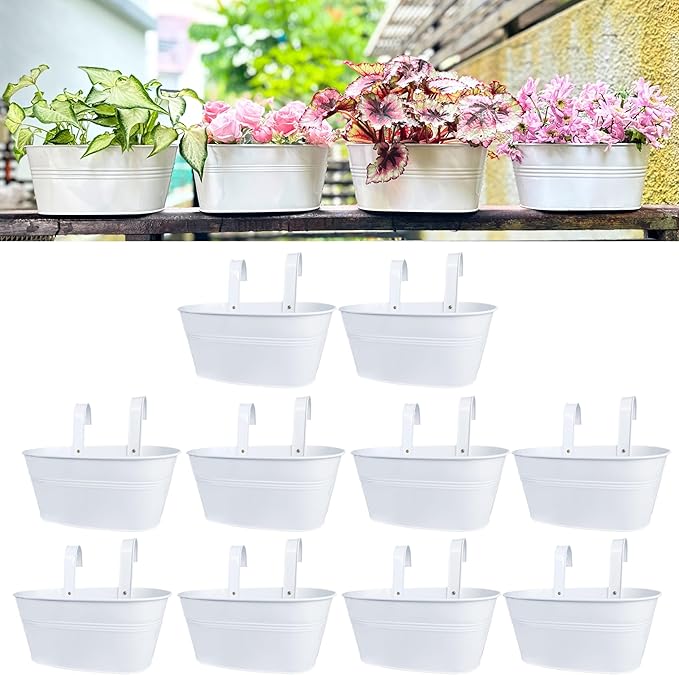 LaLaGreen Rail Planter Outdoor Plants White Metal Iron Hanging Flower Pots Deck by L%C3%A1L%C3%A1Green