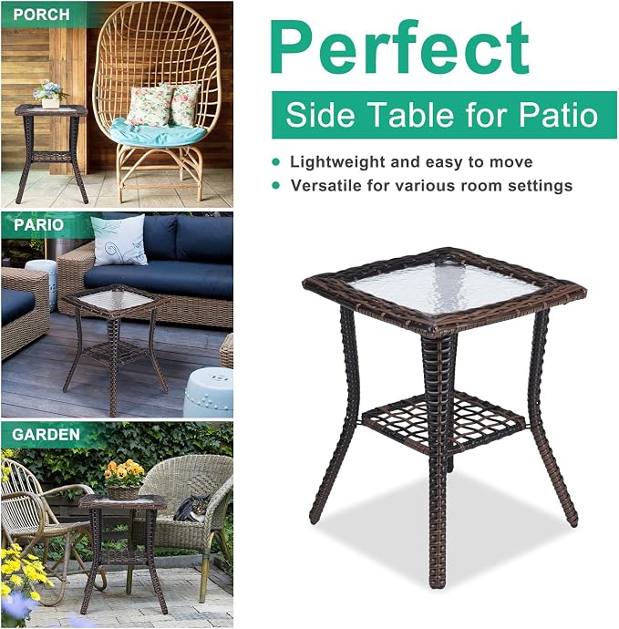 Outdoor Side Table with Storage Wicker Patio Side Table, Tempered Glass Top End - Image 5