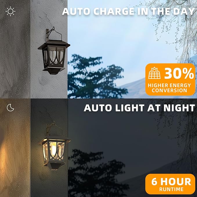 Solar Lanterns Outdoor Waterproof 2 Pack, Glass Auto On/Off LED Hanging Solar - Image 3