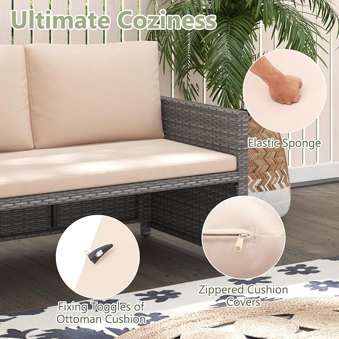 Tangkula Outdoor Rattan Daybed, Wicker Loveseat & 31 Gallon Storage Ottoman - Image 7