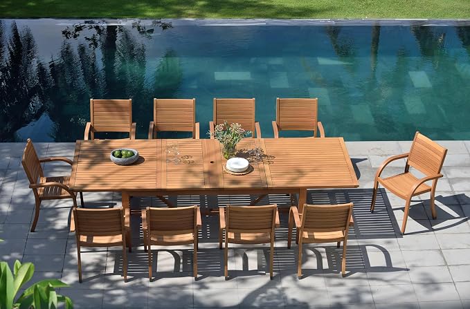 Amazonia Berlin 11-Piece Rectangular Extendable Patio Dining Set | Teak Finish - Image 9
