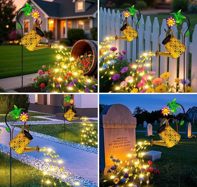Solar Metal Watering Can with Hummingbird Shepherd Hook and Cascading Lights - Image 5