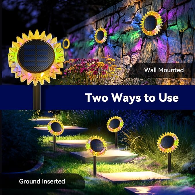 Outdoor Solar Lights, 4 Pack Upgraded Solar Sunflower Lights, Ground/Wall - Image 2