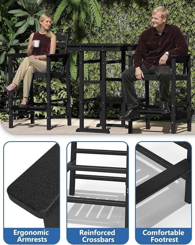 FOOWIN 3 Piece Outdoor Bar Height Table and Chairs, All Weather HDPE Patio Bar - Image 5