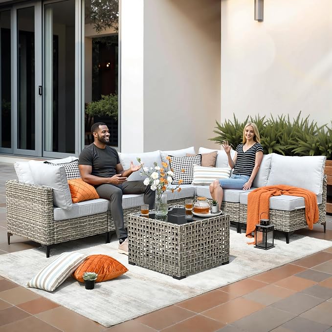 9-Piece Outdoor Sectional Sofa Set w/ 42" Fire Pit – L-Shaped Wicker Patio - Image 3