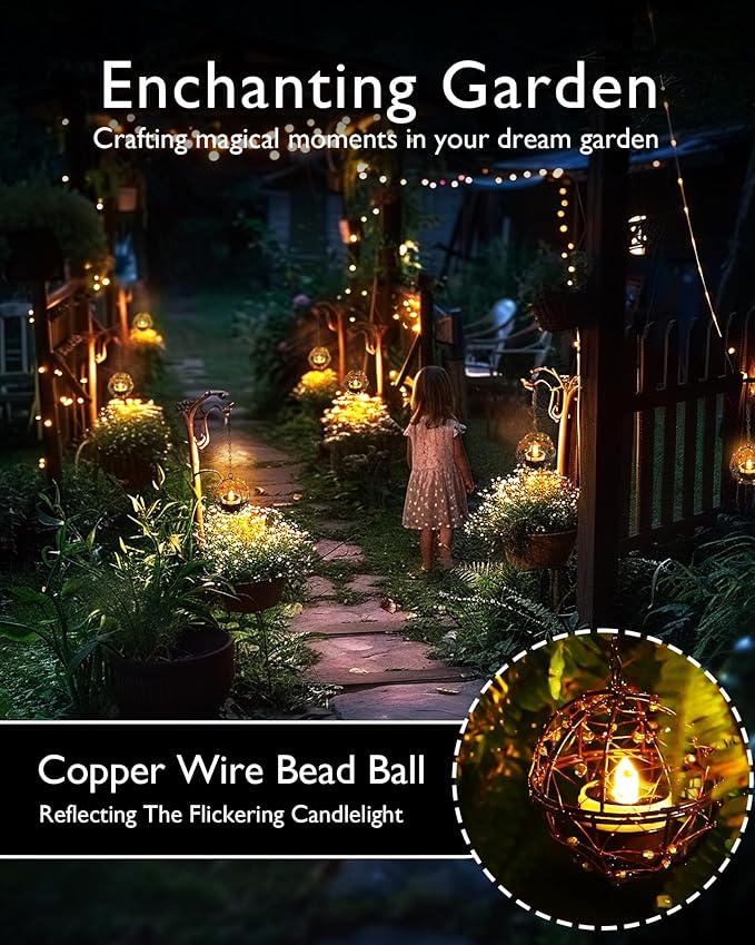 Homemory Solar Tea Lights Outdoor Waterproof Hanging Lanterns, Beaded Copper - Image 3