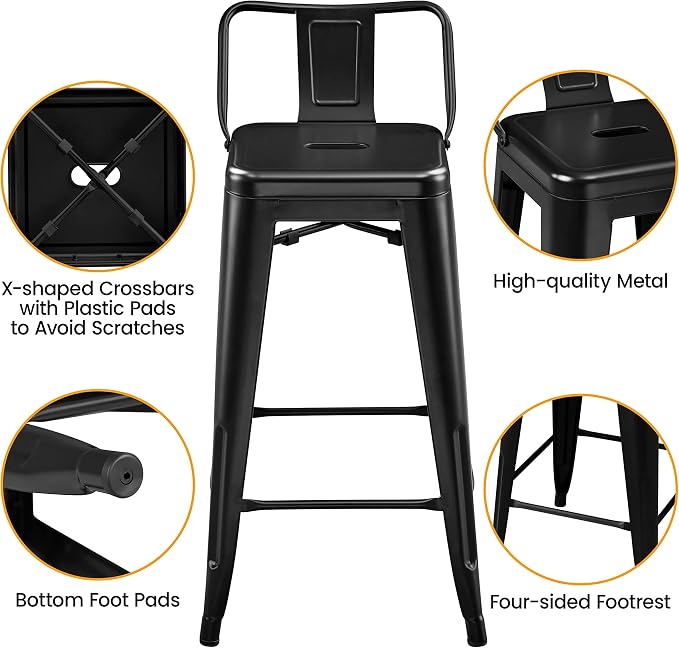 Yaheetech Bar Stools Set of 4, Metal Counter Height Chairs, 26 Inch Industrial - Image 6