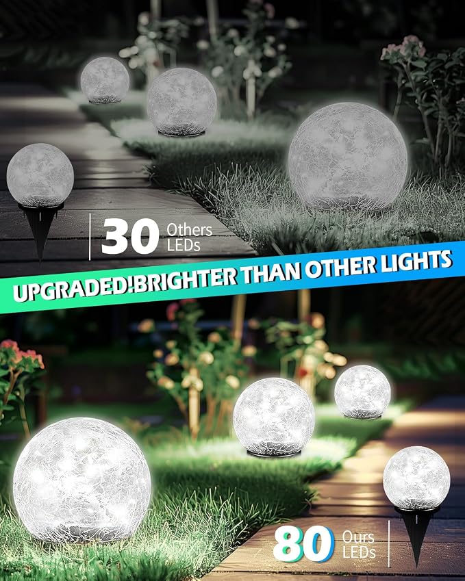 Coroor Garden Solar Ball Lights Outdoor Waterproof, 80 LED Cracked Glass Globe - Image 2