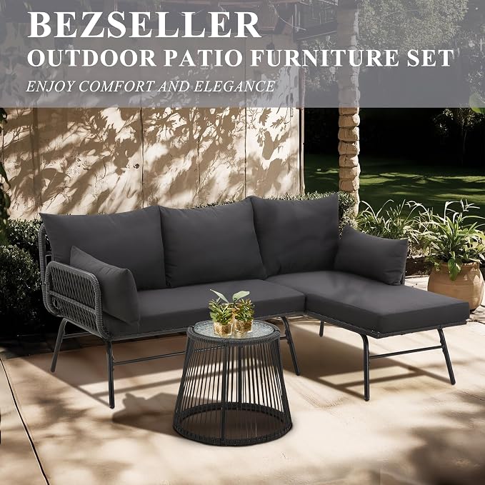 Bezseller 3-Piece Outdoor Patio Furniture Set – L-Shaped Rattan Sectional Sofa - Image 7