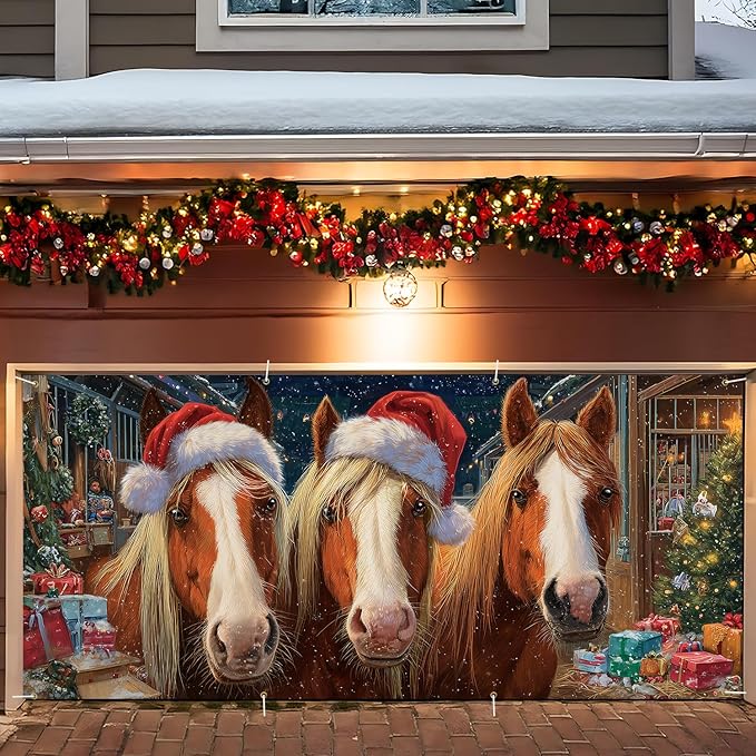 Christmas Garage Door Decorations 6x13FT, Three Horses by ANNAQUEEN