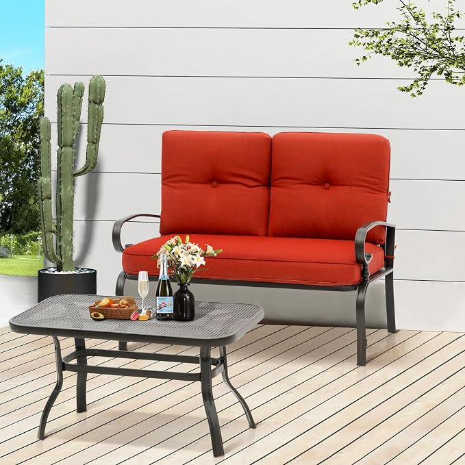 Oakcloud Outdoor 2 Pcs Patio Loveseat Bench Metal Frame Furniture Set - Image 7