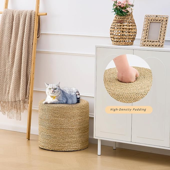 Handwoven Ottoman Pouf, Natural Seagrass Footstool, Round Braided Outdoor Seat - Image 6