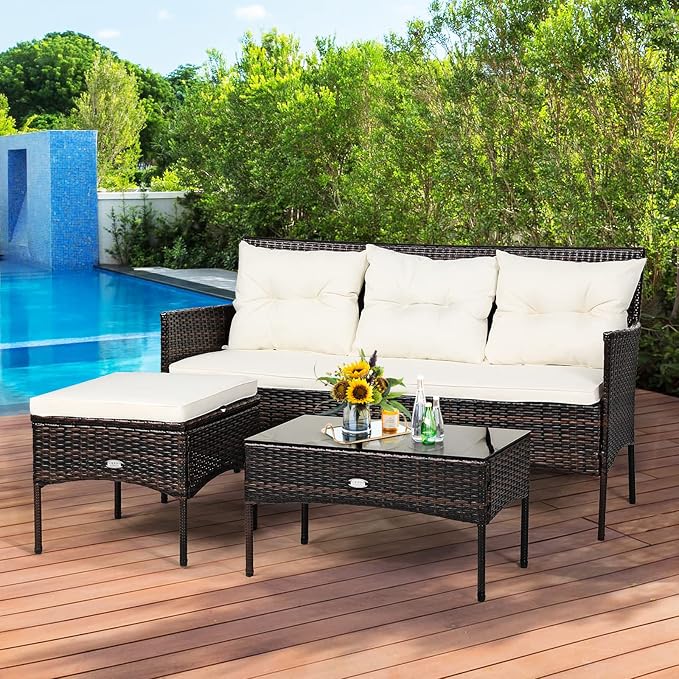Tangkula 3 Pieces Patio Conversation Set, Outdoor PE Rattan Wicker Furniture - Image 3