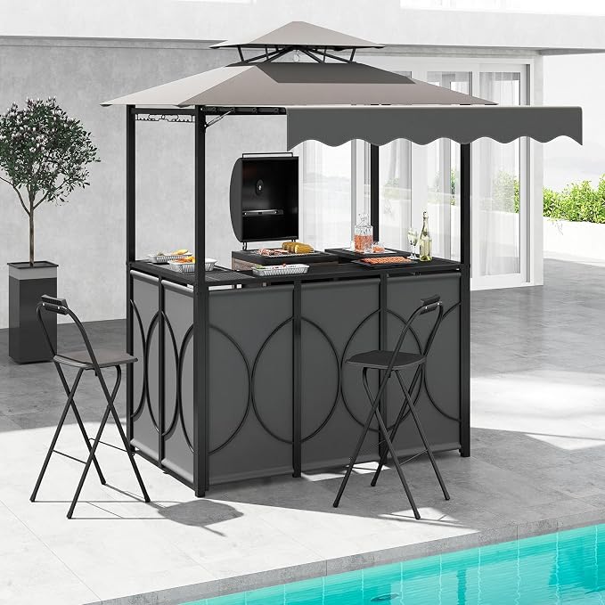 Tangkula 3 Piece Patio Bar Set, Grill Gazebo & 2 Foldable Bar Stools - Image 2