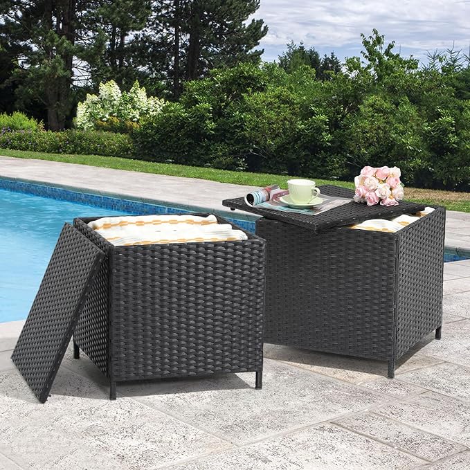 Verano Garden Outdoor Wicker Side Table Set of 2, Small Storage Rattan Wicker - Image 9