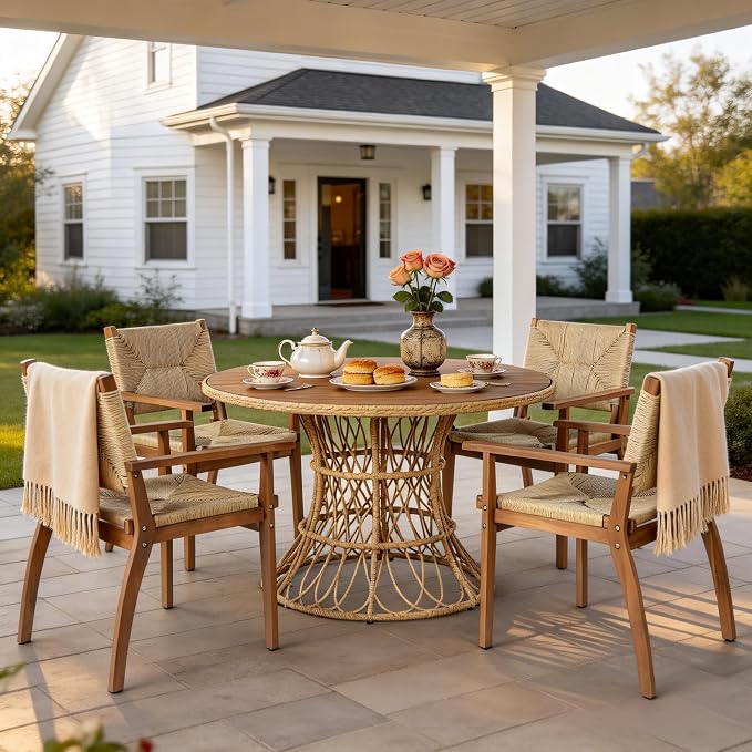 Merax 5-Piece Outdoor Dining Set, 47.24'' Round Acacia Wood Table & 4 Wicker by Merax