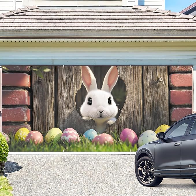 ANNA QUEEN Easter Bunny Garage Door Banner 6x13FT, Cute Rabbit Peeking Through - Image 2