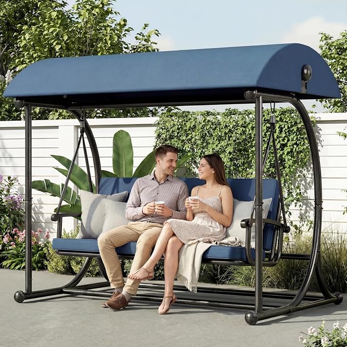 Modern Patio Swing with Adjustable Canopy, 2 in 1 Porch Swing Bed with - Image 5