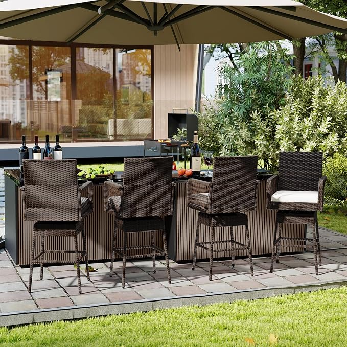 COSTWAY Outdoor Wicker Bar Stools Set of 2, Armrest and Backrest, Patio Bar - Image 8