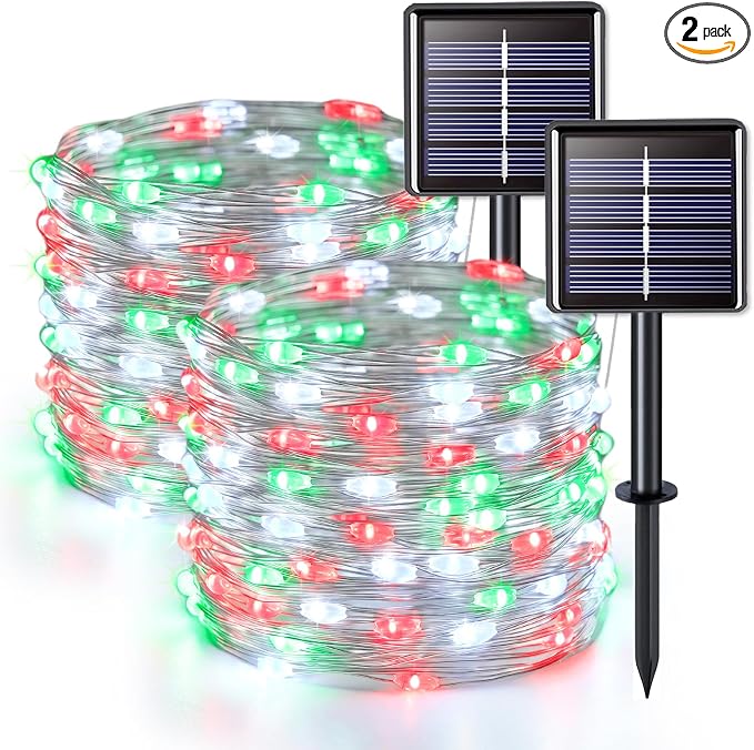 JMEXSUSS 2 Pack Red White and Green Solar Christmas Lights, Each 33FT 100 LED by JMEXSUSS