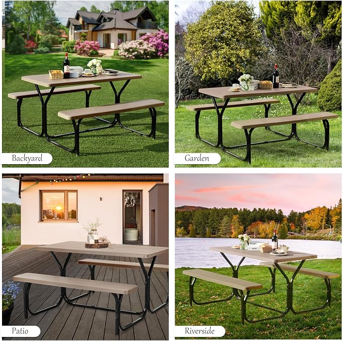 Giantex Picnic Table Bench Set Outdoor Camping All Weather Metal Base Wood-Like - Image 8