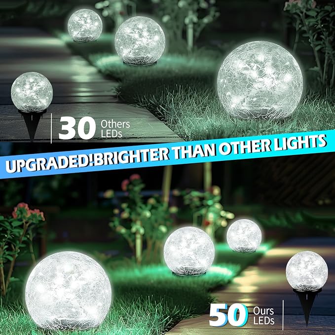 Coroor Garden Solar Ball Lights Outdoor Waterproof, 50 LED Cracked Glass Globe - Image 2