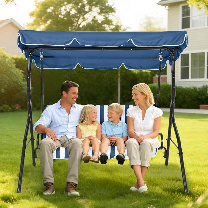 Outdoor Porch Swing Chair with Adjustable Canopy & Striped Seat Cushion - Image 4